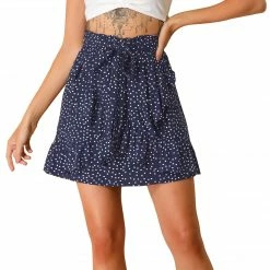 Allegra K Women's Bow Tie Elastic Waist Ruffle Hem Flare Short Polka Dots Skirts