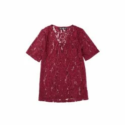 Allegra K Women's Lace Top Vintage Short Sleeve Tie Neck Floral Blouse