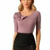 Allegra K Women's Half Sleeves Scoop Neck Fitted Layering Bowtie Decor Top T-Shirt