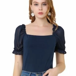 Allegra K Women's Elegant Puff Sheer Sleeve Blouse Summer Square Neck Tops