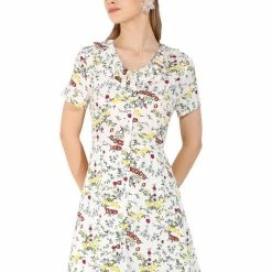 Allegra K Women's Ruffle Neck Short Sleeve Elegant Floral Fit And Flare Dress