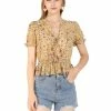 Allegra K Women's Tie V Neck Ruffle Elegant Top Puff Sleeves Floral Blouse