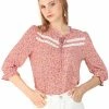 Allegra K Women's Ruffle Split Tie Neck Lace Insert Puff Sleeve Floral Blouse Top