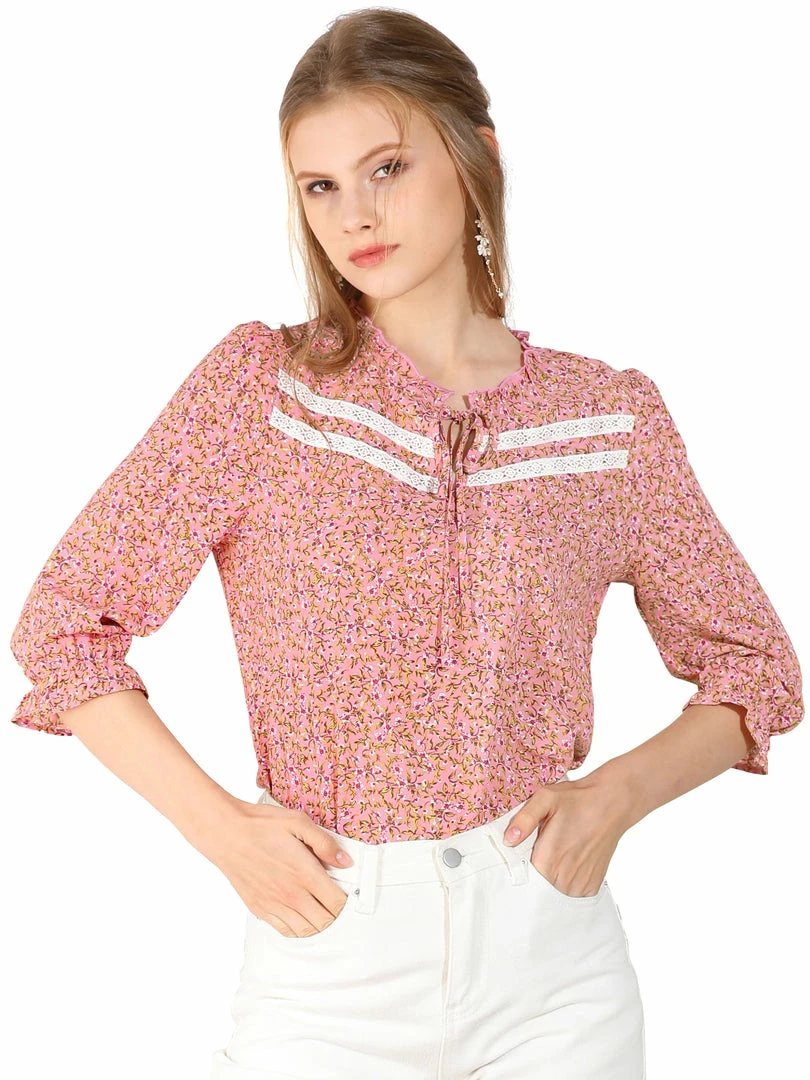 Allegra K Women's Ruffle Split Tie Neck Lace Insert Puff Sleeve Floral Blouse Top 3 Allegra K Women's Ruffle Split Tie Neck Lace Insert Puff Sleeve Floral Blouse Top