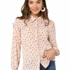 Allegra K Women's Long Sleeve Point Collar Top Blouse Floral Button Down Shirt