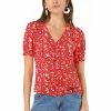 Allegra K Women's Retro Puff Sleeve V Neck Button Front Pleated Floral Shirt Blouse