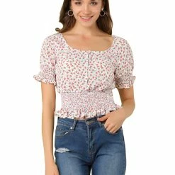 Allegra K Women's Floral Print Crop Blouse Square Neck Ruffle Smocked Top