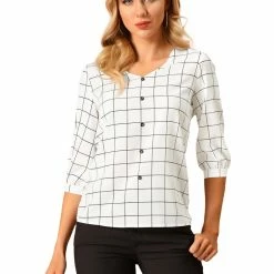 Allegra K Women's Plaid Blouses 3/4 Sleeve Check Spring Casual Shirt Tops