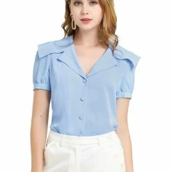Allegra K Women's Cute Button Front Puff Sleeves Sailor Collar Shirt Blouse