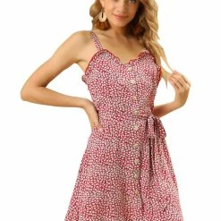 Allegra K Women's Spaghetti Strap Sleeveless Tie Waist Back Smocked Ruffle Hem Floral Dress