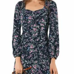 Allegra K Women's Floral Vintage Puff Sleeve Sweetheart Neckline Ruched Dresses