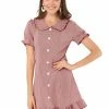 Allegra K Women's Ruffle Peter Pan Collar Casual Button Up Plaid Checkered Dress