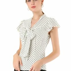 Allegra K Women's Polka Dots Office Shirt Ruffled Sleeve Tie Neck Blouse