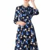 Allegra K Women's Floral Tie Neck 3/4 Sleeve Work Midi Flowy Flare Dress