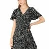 Allegra K Women's Wrap V Neck Ruffled Flutter Sleeves Belted Printed Flowy Dress