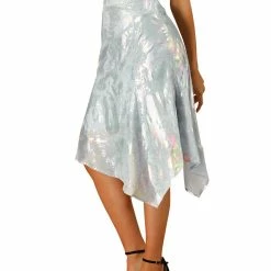 Allegra K Women's Sparkle Holographic Asymmetric Silky Party A Line Skirt