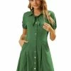 Allegra K Women's Collared Button Up A-Line Elastic Cuff Casual Shirt Dress