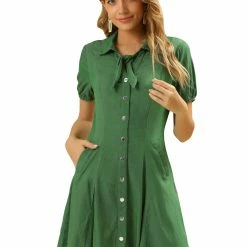 Allegra K Women's Collared Button Up A-Line Elastic Cuff Casual Shirt Dress