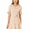 Allegra K Women's Floral Peter Pan Collar Short Sleeve Belted Flare Ruffle Dress