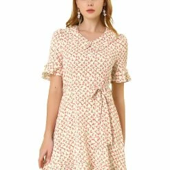 Allegra K Women's Floral Peter Pan Collar Short Sleeve Belted Flare Ruffle Dress