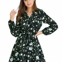Allegra K Women's Floral Print V Neck Button Down Elastic Waist Vintage Shirt Dress
