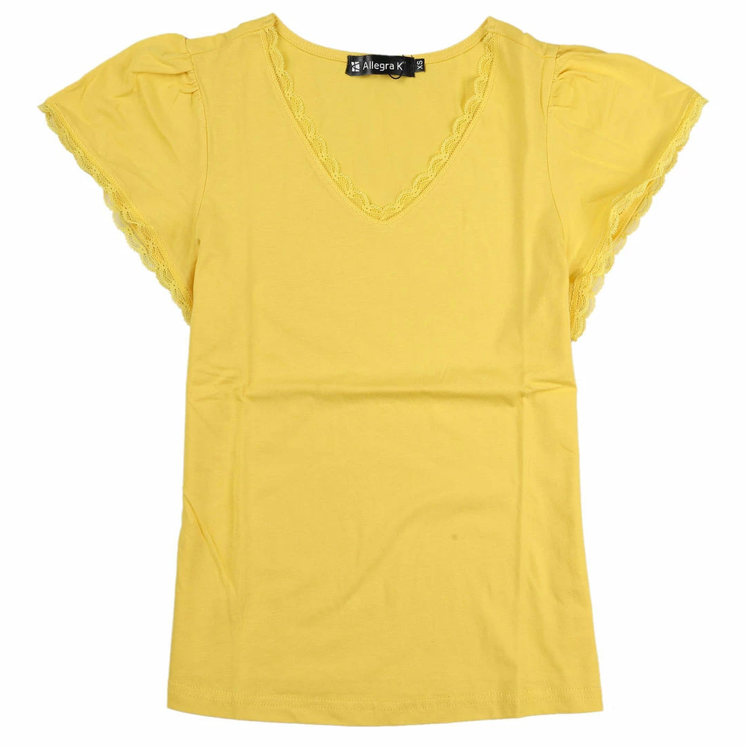 Allegra K Women's Flare Sleeve Blouses Casual V Neck Solid Color Scalloped Lace Trim Tops 3 Allegra K Women's Flare Sleeve Blouses Casual V Neck Solid Color Scalloped Lace Trim Tops