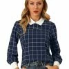 Allegra K Women's Contrast Turndown Collar Button Back Check Plaid Work Shirt