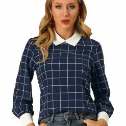 Allegra K Women's Contrast Turndown Collar Button Back Check Plaid Work Shirt