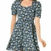 Allegra K Women's Floral Vintage Puff Short Sleeve Sweetheart Neck A-Line Mini Dress Exuberant Blooms