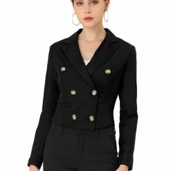 Allegra K Women's Double Breasted Notched Lapel Shoulder Pad Cropped Blazer