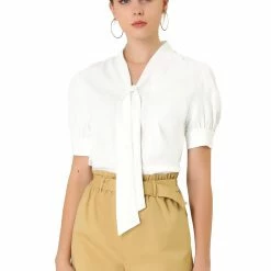 Allegra K Women's Work Office Short Sleeve V Neck Bow Tie Blouse Tops