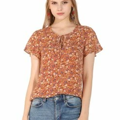 Allegra K Women's Floral V Neck Blouse Short Sleeve Ruffled Ditsy Tops