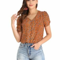 Allegra K Women's Button Front Shirt Puff Short Sleeves Chiffon Floral Top