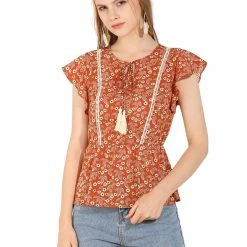 Allegra K Women's Tassel Tie Square Neck Short Sleeve Floral Vintage Blouses
