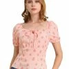 Allegra K Women's Square Neck Tie Fruit Bubble Sleeve Summer Crop Vintage Blouse