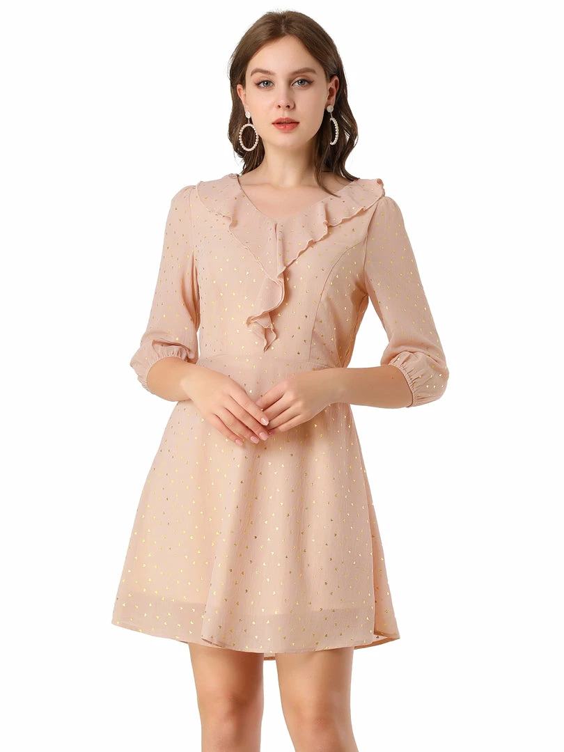 Allegra K Women's Ruffle Neck V Neck Puff Sleeve Dress 3 Allegra K Women's Ruffle Neck V Neck Puff Sleeve Dress