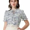 Allegra K Women's Ruffle Neck Tie Neck Floral Short Sleeve Work Shirt
