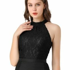 Allegra K Women's Floral Lace Halter Neck Ruched Sleeveless Tank Top