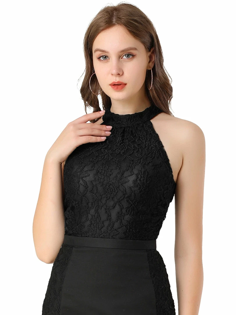 Allegra K Women's Floral Lace Halter Neck Ruched Sleeveless Tank Top 3 Allegra K Women's Floral Lace Halter Neck Ruched Sleeveless Tank Top