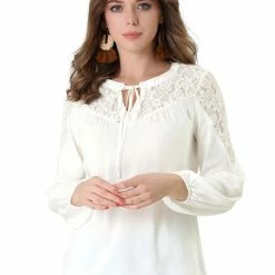 Allegra K Women's Long Sleeve Tie Neck Shirt Floral Semi Sheer Lace Blouse Top