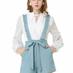 Allegra K Women's Adjustable Strap Cotton Overall Shorts Rompers With Pockets