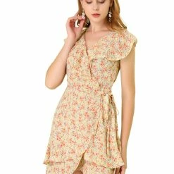 Allegra K Women's Ruffle Front Sleeveless V Neck Tulip Hem Wrap Floral Mini Dress