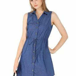Allegra K Women’s Sleeveless Collar Button Down Tie Waist Belt Denim Shirt Dress