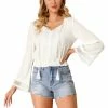 Allegra K Women's Embroidery Lace Peasant Tie Neck Bell Sleeve Smocked Hem Cropped Top