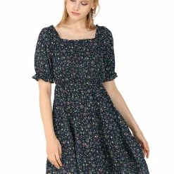 Allegra K Women's Square Neck Elastic Waist Frill Trim Flowy Floral Puff Sleeve Dress