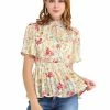 Allegra K Women's Keyhole Front Smocked Waist Flare Sleeve Floral Peplum Top