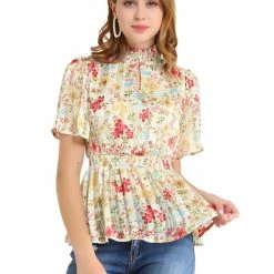 Allegra K Women's Keyhole Front Smocked Waist Flare Sleeve Floral Peplum Top