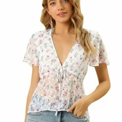 Allegra K Women's Floral Blouse Summer Short Flare Sleeve V Neck Peplum Top