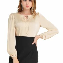Allegra K Women's Tie Neck Split Neck Long Puff Sleeve Elastic Cuff Solid Top
