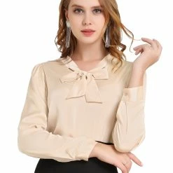 Allegra K Women's Satin Work Blouse Tie Neck Business Casual Top